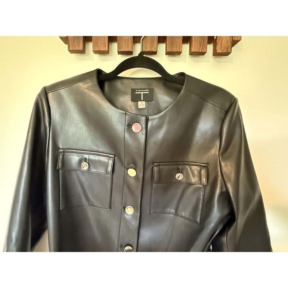 Elie Tahari Aliza Faux Leather Jacket Belted 4 Pocket Women's Size 10 - Picture 4 of 12
